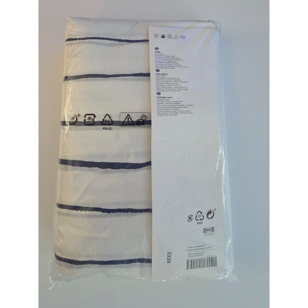 IKEA PAGODTRAD Twin Duvet Cover and Pillowcase White Dark Blue Navy Stripe Set - Picture 4 of 4